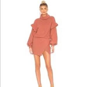 Saylor Terracotta Rust Ribbed Wool Blend Ruffle Turtleneck Wrap Mini Dress Small